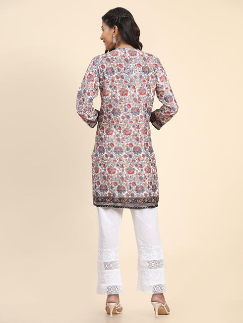 Noor Premium Printed PolySilk Long Chikankari Tunic for Women -Floral with Grey work